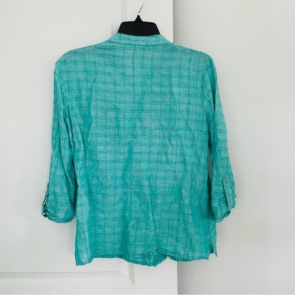 Kim Rogers Linen/Cotton 3/4 Sleeve Button Down Shirt Turquoise - Picture 10 of 14